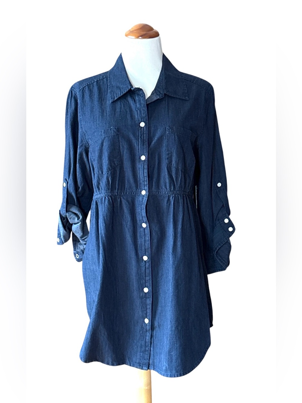 Women's Dark Blue Denim Long Shirt Snap Front